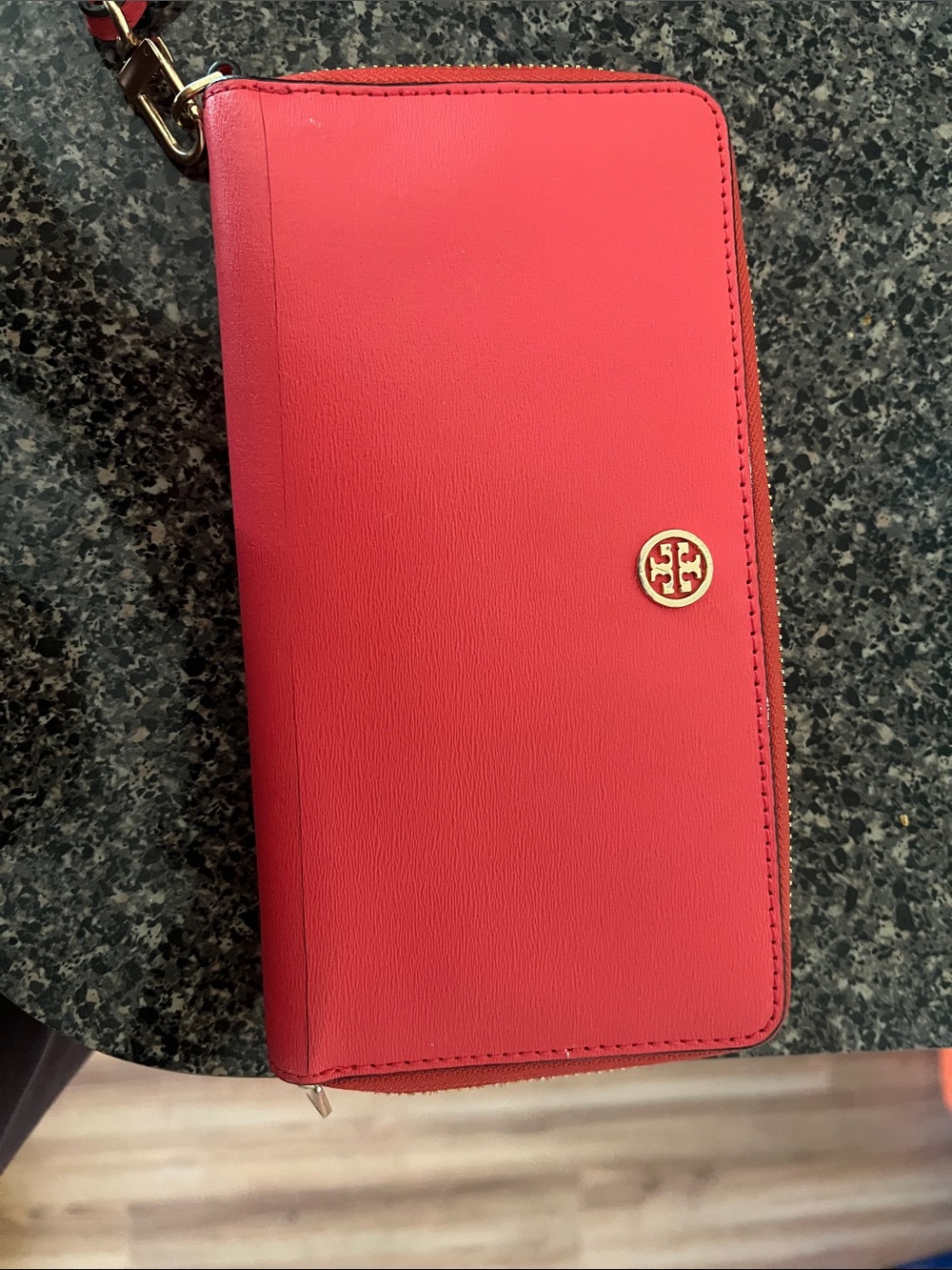 Tory Burch Coral-Red Zip Wristlet Wallet with Logo